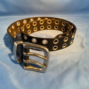 Linea Pelle Black Leather belt with silver eyelets throughout, Medium